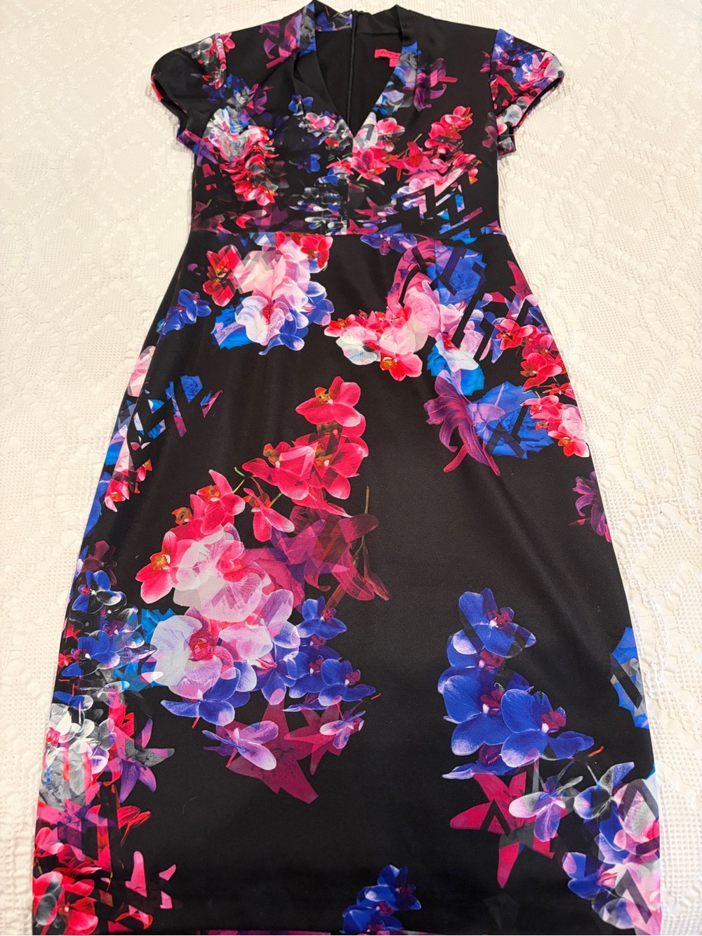 Betsey Johnson Black Cap Sleeve Dress with Pink & Blue Floral Print